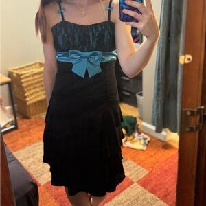 Deb Black Tiered Dress with Teal Satin Bow